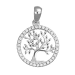 Pendente in argento 925 rodiato con albero della vita e zirconi bianchi (ø 15 mm).