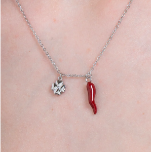 COLLANA IN ACCIAIO QUADRIFOGLIO E CORNETTO SMALTATO ROSSO PORTA FORTUNA