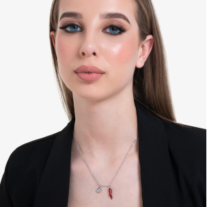 COLLANA IN ACCIAIO QUADRIFOGLIO E CORNETTO SMALTATO ROSSO PORTA FORTUNA