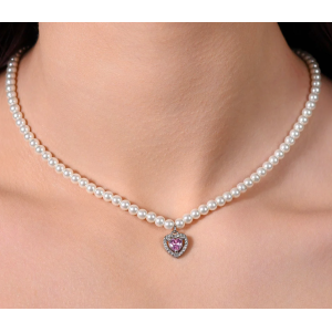 COLLANA DONNA IN ACCIAIO PERLE E CUORE ZIRCONE ROSA
