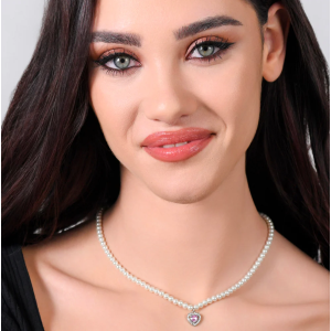 COLLANA DONNA IN ACCIAIO PERLE E CUORE ZIRCONE ROSA