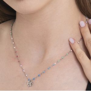COLLANA DONNA IN ACCIAIO CON FARFALLA, CRISTALLO E PIETRE CON SMALTO MULTICOLOR