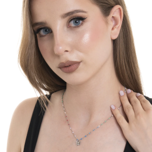 COLLANA DONNA IN ACCIAIO CON FARFALLA, CRISTALLO E PIETRE CON SMALTO MULTICOLOR