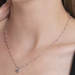 COLLANA DONNA IN ACCIAIO CON CUORE, CRISTALLO E PIETRE CON SMALTO ROSA