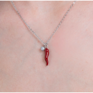 COLLANA IN ACCIAIO CON CORNO ROSSO E PUNTO LUCE
