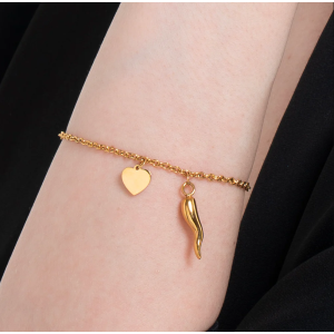 BRACCIALE DONNA IN ACCIAIO E IP GOLD CON CORNO E CUORE