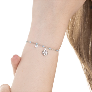 BRACCIALE DONNA IN ACCIAIO CON QUADRIFOGLIO,CRISTALLO E PIETRE CON SMALTO TURCHESE