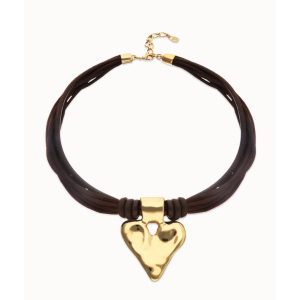 Collana in filo di seta e pelle con dettaglio di cuore placcato oro 18k