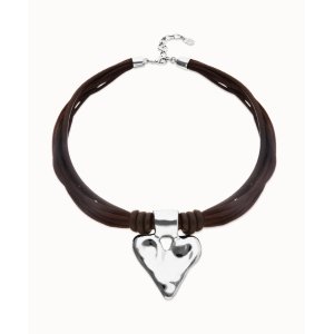 Collana in filo di seta e pelle con dettaglio di cuore placcato argento