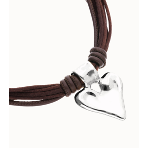 Collana in filo di seta e pelle con dettaglio di cuore placcato argento