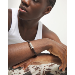 Bracciale in pelle intrecciata marrone con dettaglio placcato in argento 925