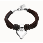 Bracciale in filo di seta e pelle marrone con cuore placcato argento