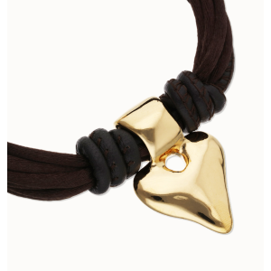 Bracciale in filo di seta e pelle marrone con cuore placcato oro 18k