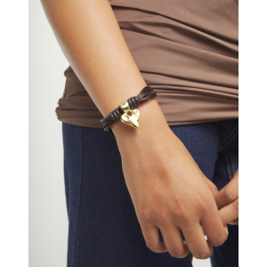 Bracciale in filo di seta e pelle marrone con cuore placcato oro 18k