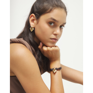 Bracciale in filo di seta e pelle marrone con cuore placcato oro 18k