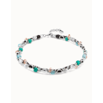 Collana corta con doppia striscia di cuoio a maglie placcata argento Sterling, perla e cristalli artigianali