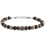 Bracciale agata nera, pirite, sfere di legno e occhio di tigre