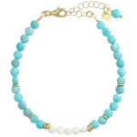 Bracciale in howlite turchese e madreperla a forma di "pasticca" sfaccettata in argento 925 placcato oro.