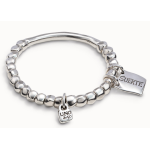 Bracciale di perline, elemento tubolare e piastrina con messaggio placcato argento