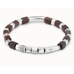 Bracciale in cuoio con elementi placcati argento Sterling e perline di legno