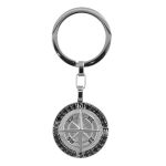 Portachiavi in acciaio, rosa dei venti con zirconi neri.